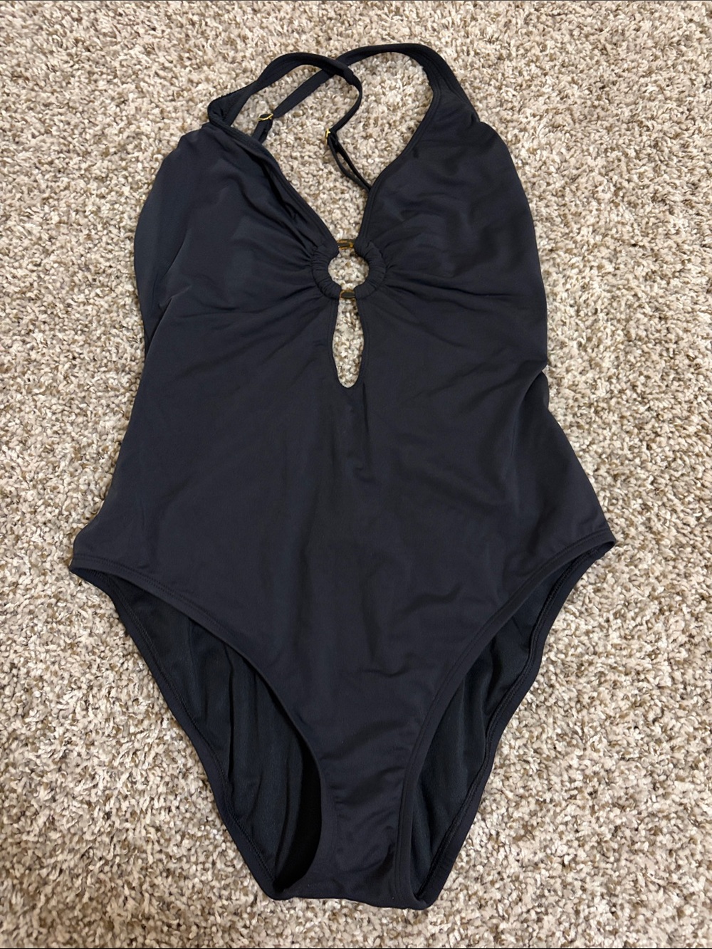 Black One-Piece Swimsuit with Front Ring Detail - Unbranded